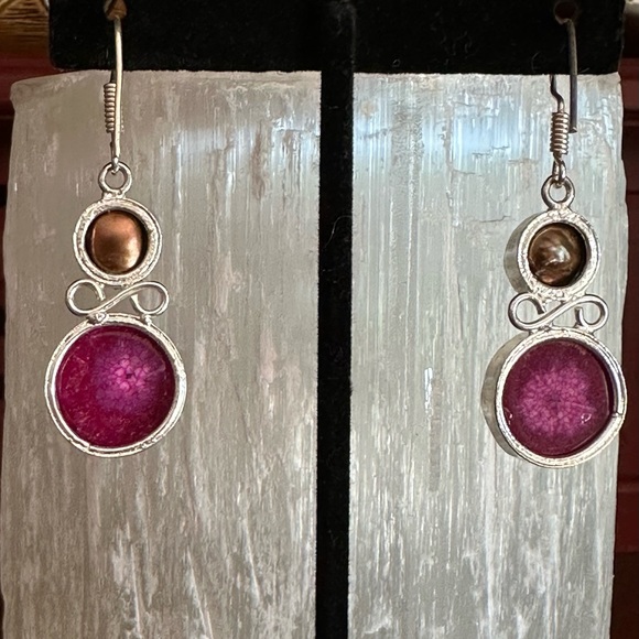 Beautiful Drop Earrings in Dark Pink Solar Quartz and Bronze Color Biwa Pearls! - Picture 2 of 3